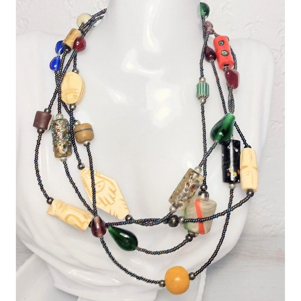 Art Glass Trade Beads Carved Scarab Cane Glass Beaded Statement Necklace